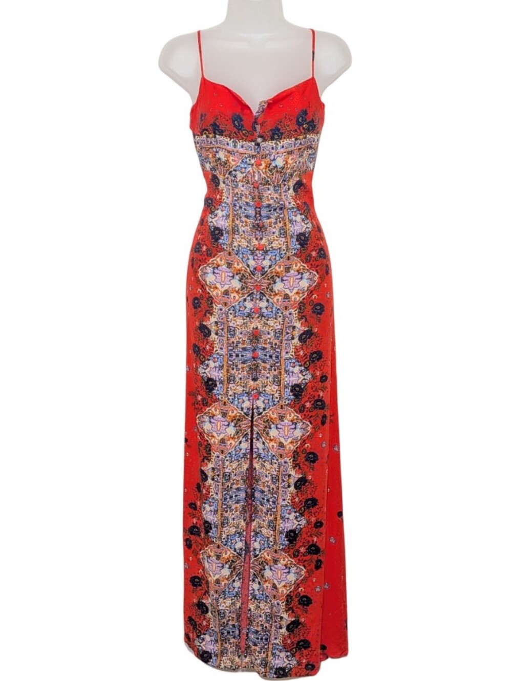Free People Coral Floral-Print Spaghetti-Strap Maxi Dress | Bohemian | Beach |